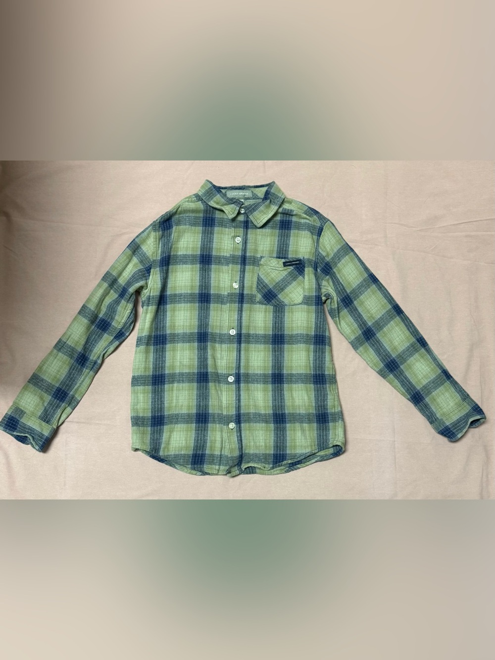 Lucky Brand Boys Green Blue Plaid Button Up Shirt Size M 10/12 Long Sleeve